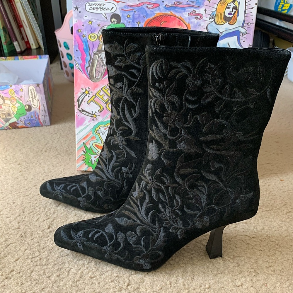 Jeffrey Campbell Leather Suede Embroidered Boot Heels
